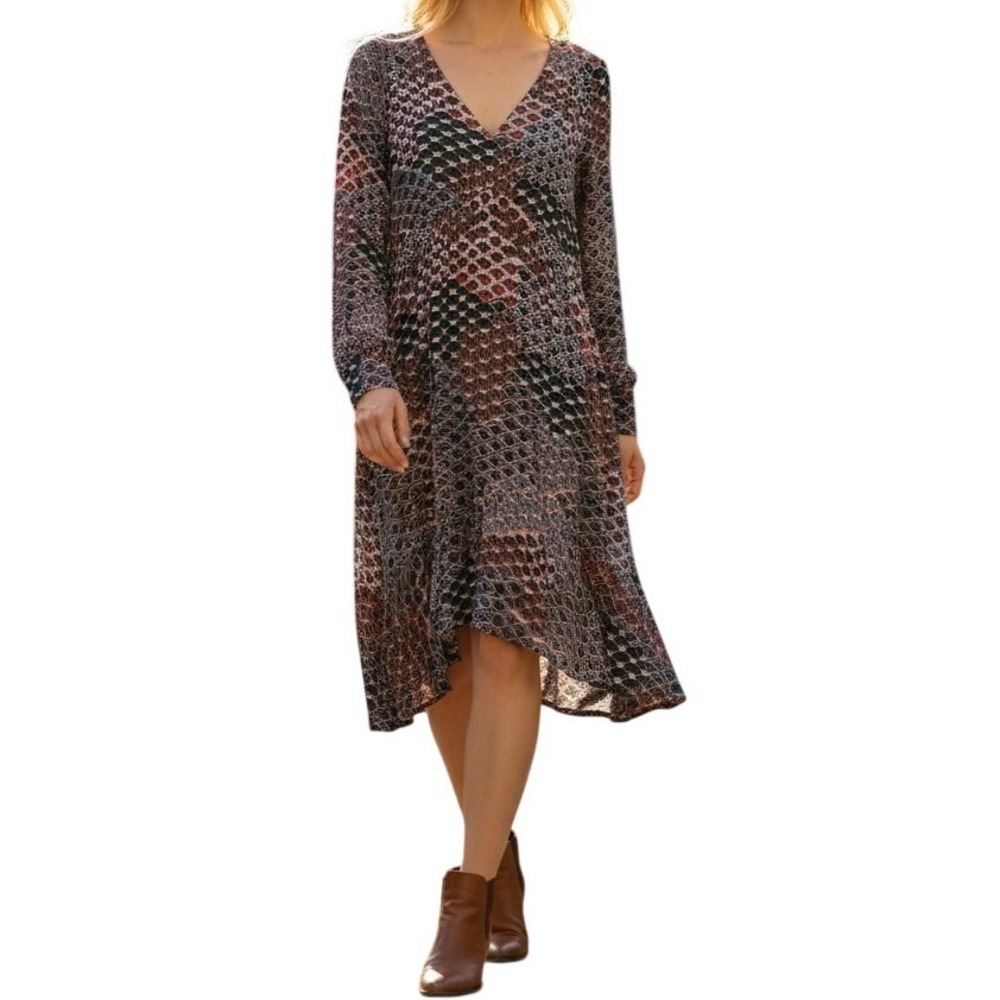 Maeve Anthropologie Geometric Fan Print Empire Waist V-Neck Dress Large L